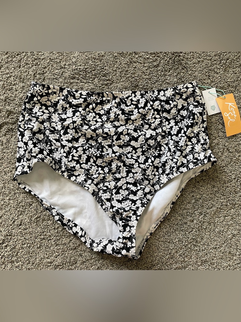 NWT Kona Sol High-Waist Black & White Floral Bikini Bottoms, Medium